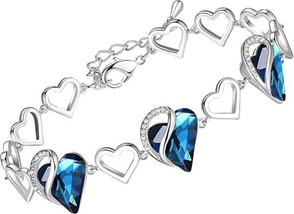 Leafael Infinity Love Heart Link Bracelets, Birthstone or Healing Stone Crystal Bracelet for Women, Silver Tone Jewellery Gifts for Her, 7-inch Chain and 2-inch Extender